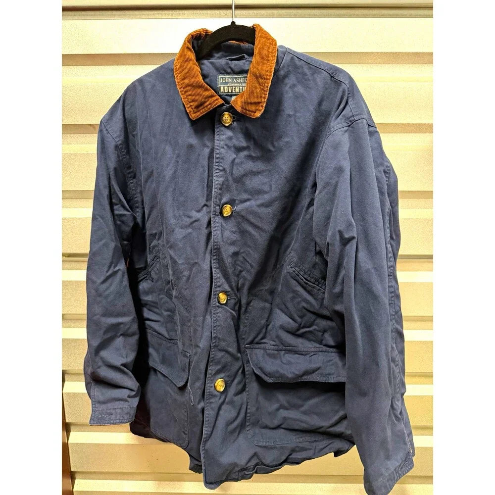 VTG John Ashford Men's Blue Jacket Brown Point Collar Button Front Regular Fit